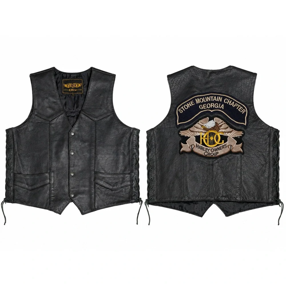 Unik Ultra Black Leather Biker Vest HOG Stone Mountain Georgia Patch Size 48